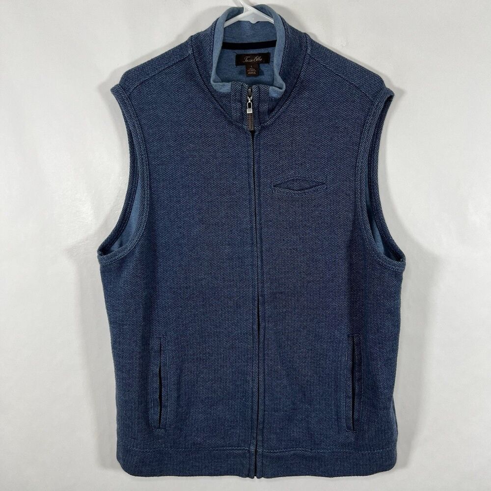 Tasso Elba Full Zip Sweater Vest Mens Size Large Blue Herringbone Golf Casual